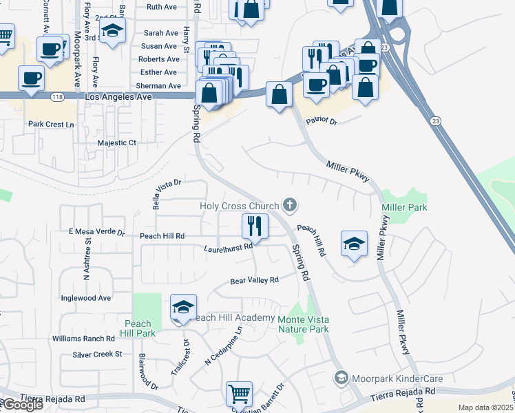 map of restaurants, bars, coffee shops, grocery stores, and more near Mill Valley Road in Moorpark