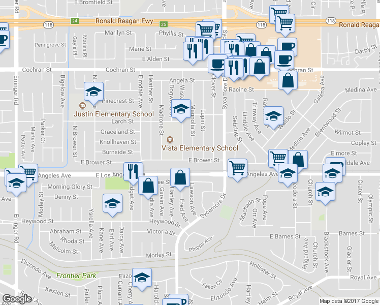 map of restaurants, bars, coffee shops, grocery stores, and more near 2057 Magnolia Street in Simi Valley