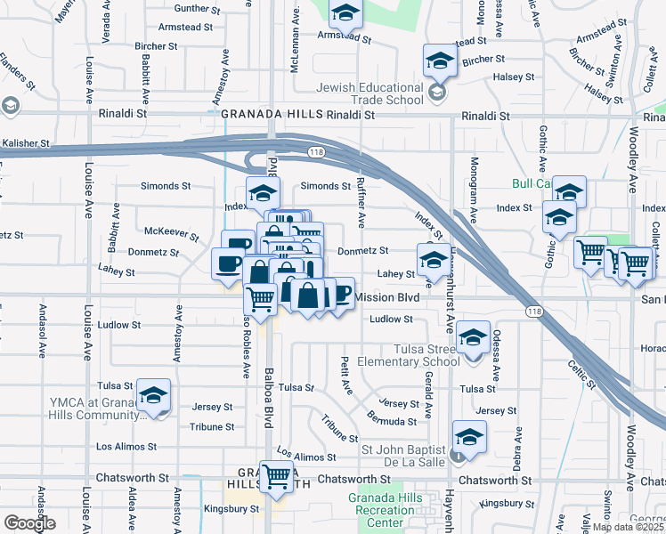map of restaurants, bars, coffee shops, grocery stores, and more near 16820 Donmetz Street in Los Angeles