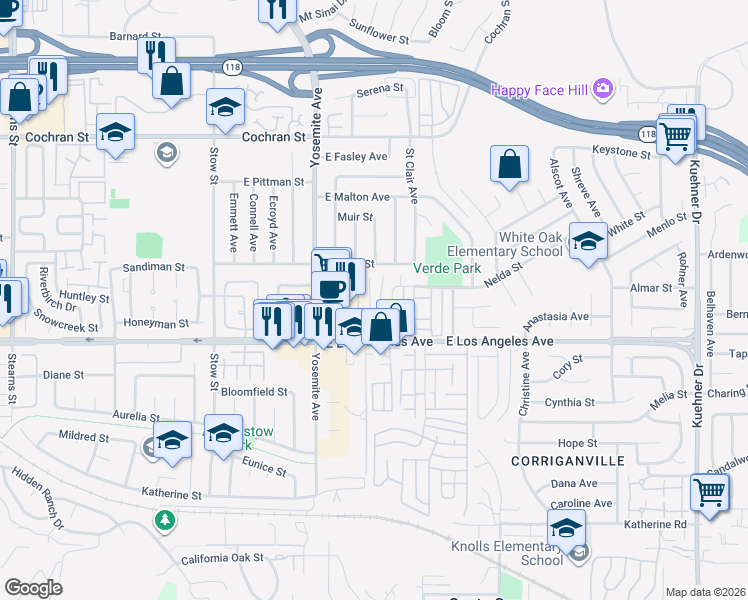 map of restaurants, bars, coffee shops, grocery stores, and more near 2067 North Avenida Vista Del Monte in Simi Valley