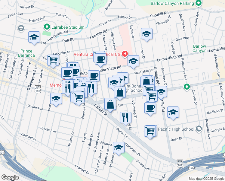 map of restaurants, bars, coffee shops, grocery stores, and more near 74 North Dos Caminos Avenue in Ventura