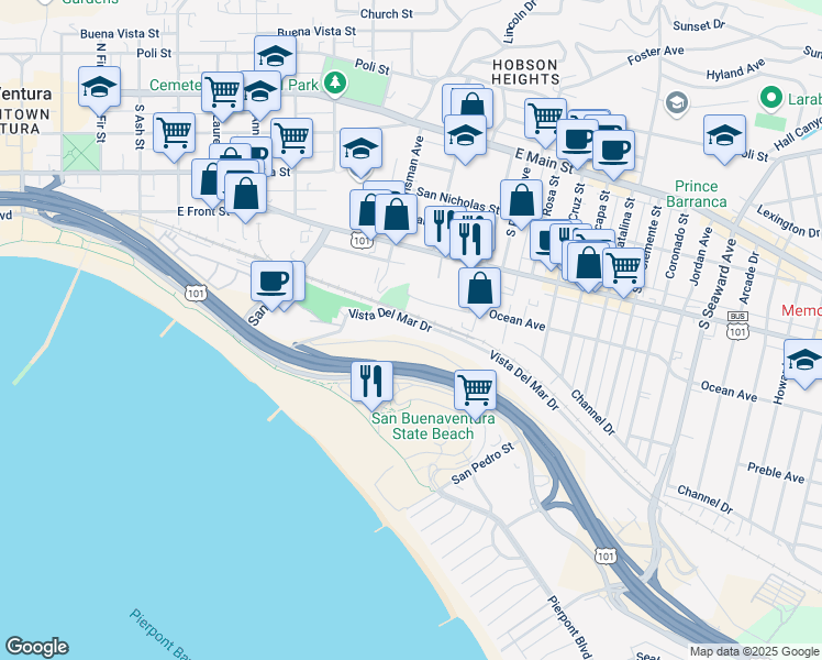 map of restaurants, bars, coffee shops, grocery stores, and more near 1594 Vista Del Mar Drive in Ventura