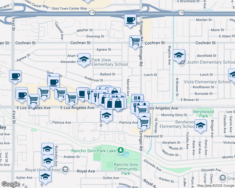 map of restaurants, bars, coffee shops, grocery stores, and more near 2138 Cordero Avenue in Simi Valley