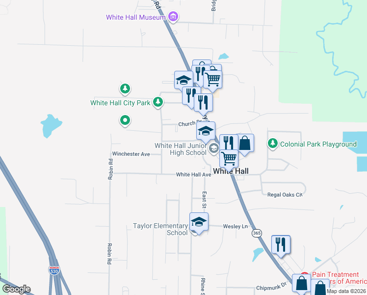 map of restaurants, bars, coffee shops, grocery stores, and more near 400 Cooper Street in White Hall