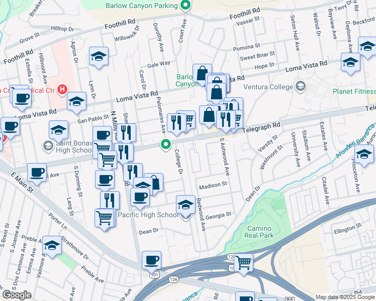 map of restaurants, bars, coffee shops, grocery stores, and more near 16 College Drive in Ventura