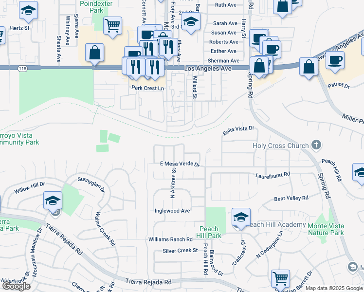 map of restaurants, bars, coffee shops, grocery stores, and more near 13084 East vistapark Drive in Moorpark