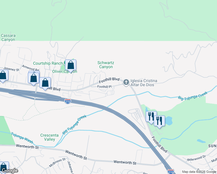 map of restaurants, bars, coffee shops, grocery stores, and more near Foothill Place in Los Angeles