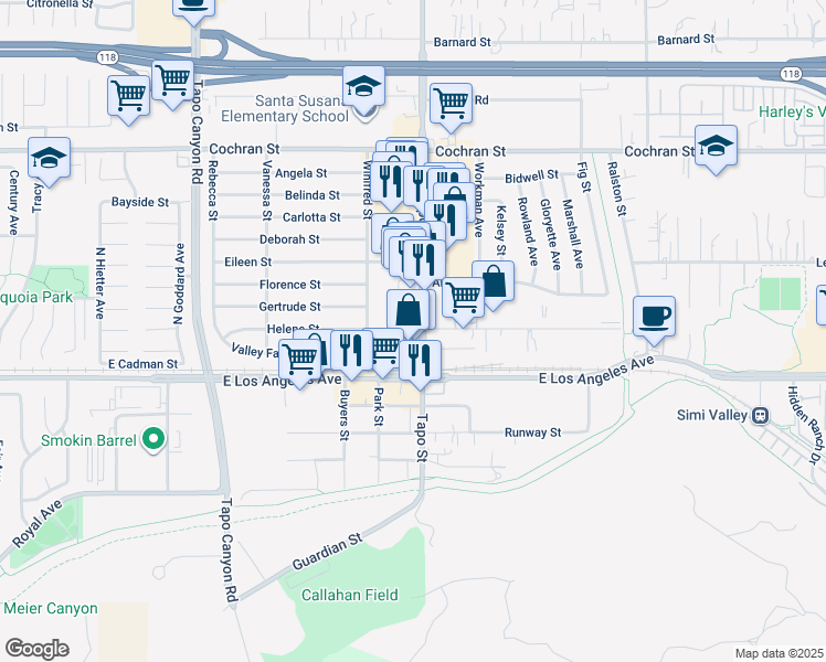 map of restaurants, bars, coffee shops, grocery stores, and more near 2080 Winifred Street in Simi Valley