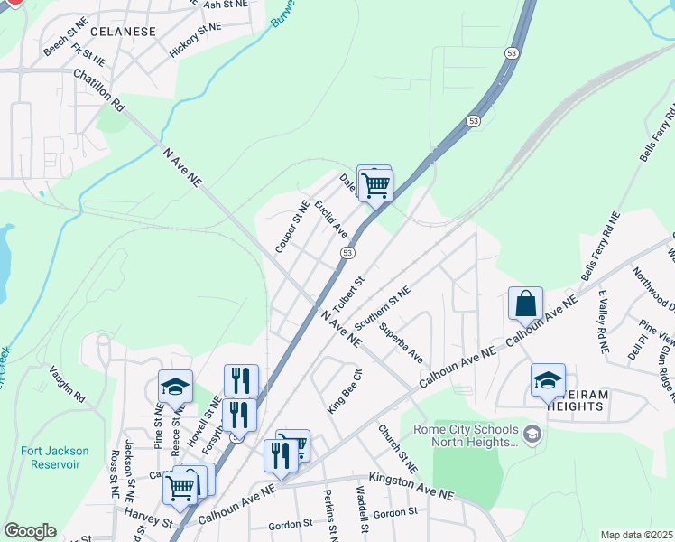 map of restaurants, bars, coffee shops, grocery stores, and more near 507 Superba Avenue Northeast in Rome