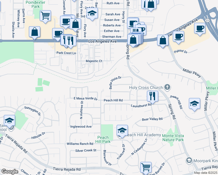 map of restaurants, bars, coffee shops, grocery stores, and more near 4535 Bella Vista Drive in Moorpark