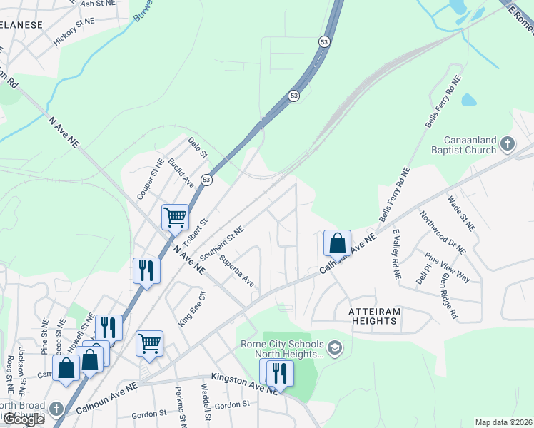 map of restaurants, bars, coffee shops, grocery stores, and more near 2201 Southern Street Northeast in Rome