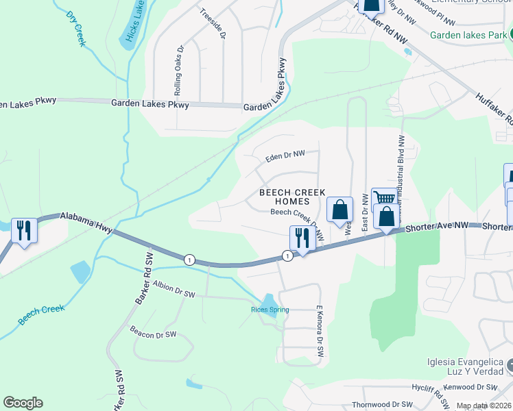 map of restaurants, bars, coffee shops, grocery stores, and more near 105 Drexel Drive Northwest in Rome