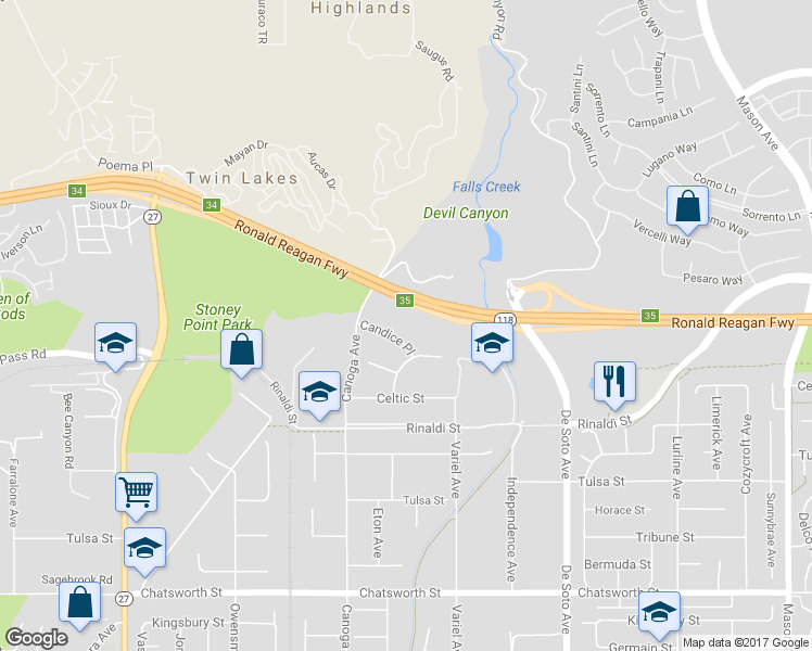 map of restaurants, bars, coffee shops, grocery stores, and more near 21317 Candice Place in Los Angeles