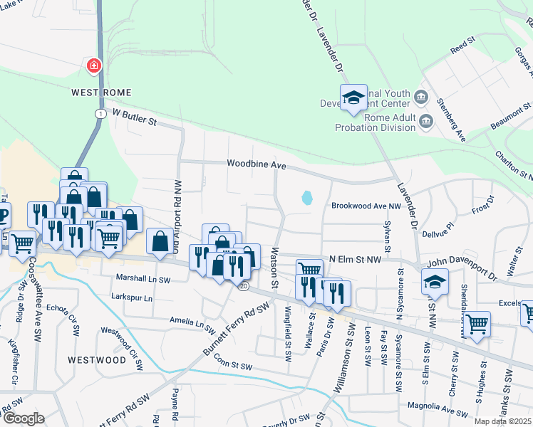 map of restaurants, bars, coffee shops, grocery stores, and more near 7 Texas Avenue Northwest in Rome