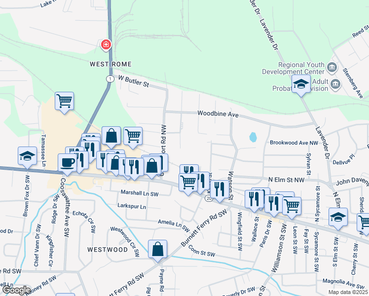 map of restaurants, bars, coffee shops, grocery stores, and more near 34 Ohio Drive Northwest in Rome