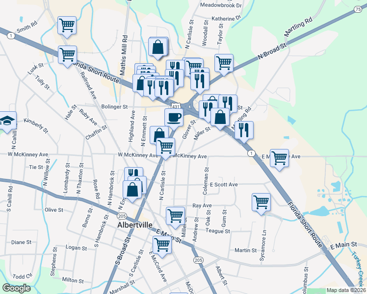 map of restaurants, bars, coffee shops, grocery stores, and more near 407 North Broad Street in Albertville