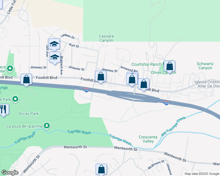 map of restaurants, bars, coffee shops, grocery stores, and more near 10404 Foothill Boulevard in Los Angeles
