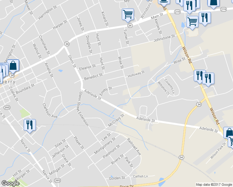 map of restaurants, bars, coffee shops, grocery stores, and more near 2315 Wallace Street in Newberry