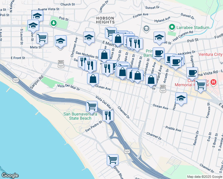 map of restaurants, bars, coffee shops, grocery stores, and more near 1901 Ocean Avenue in Ventura