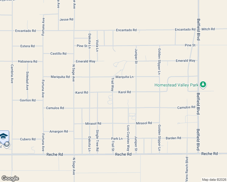 map of restaurants, bars, coffee shops, grocery stores, and more near 57124 Karol Road in Yucca Valley