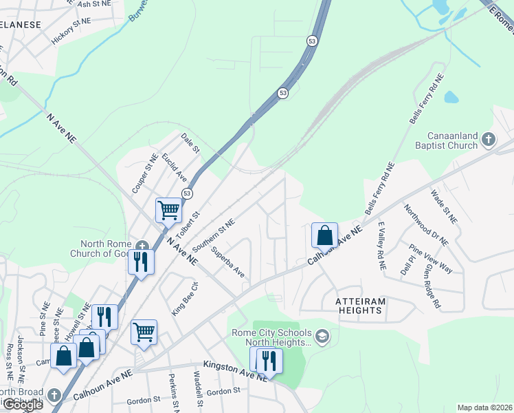 map of restaurants, bars, coffee shops, grocery stores, and more near 2201 Southern Street Northeast in Rome