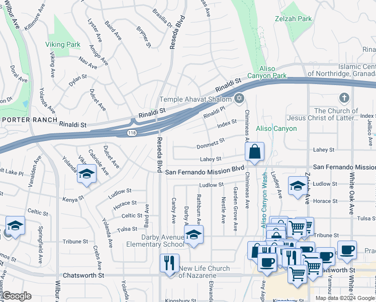 map of restaurants, bars, coffee shops, grocery stores, and more near 18352 Donmetz Street in Los Angeles