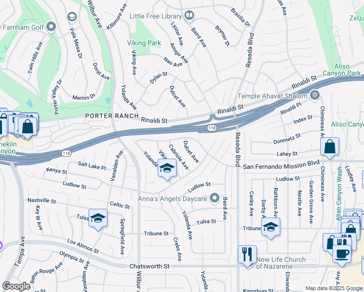 map of restaurants, bars, coffee shops, grocery stores, and more near 18670 San Fernando Mission Boulevard in Los Angeles