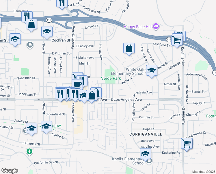 map of restaurants, bars, coffee shops, grocery stores, and more near 2093 Suede Avenue in Simi Valley
