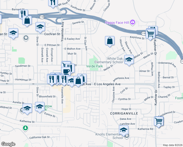 map of restaurants, bars, coffee shops, grocery stores, and more near 6002 Nelda Street in Simi Valley