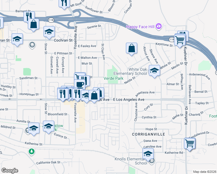 map of restaurants, bars, coffee shops, grocery stores, and more near 6002 Nelda Street in Simi Valley