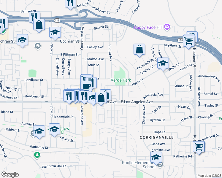 map of restaurants, bars, coffee shops, grocery stores, and more near 6002 Nelda Street in Simi Valley