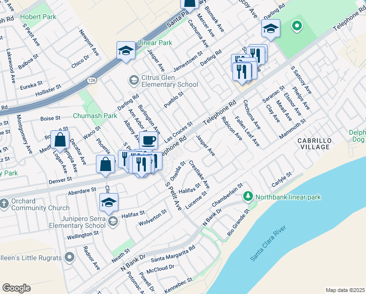 map of restaurants, bars, coffee shops, grocery stores, and more near 9725 Sweetwater Lane in Ventura