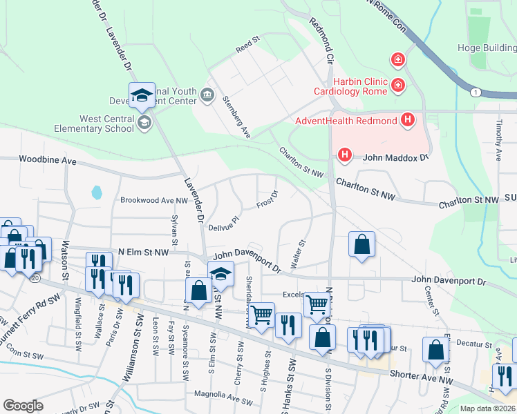 map of restaurants, bars, coffee shops, grocery stores, and more near 5 Frost Drive in Rome