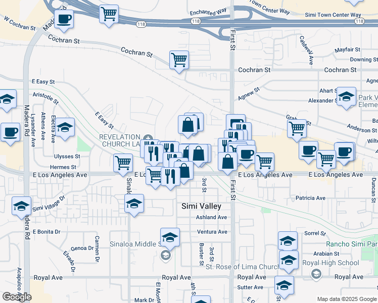 map of restaurants, bars, coffee shops, grocery stores, and more near 780 East Easy Street in Simi Valley