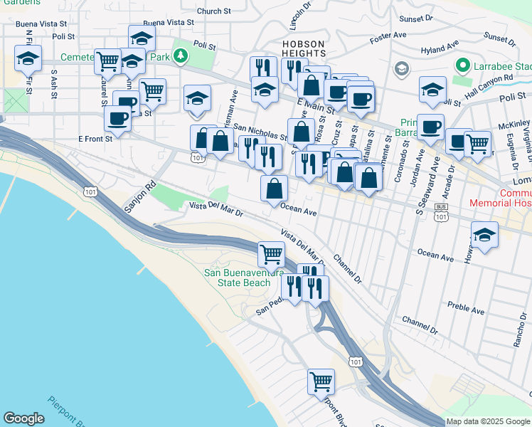 map of restaurants, bars, coffee shops, grocery stores, and more near 435 Hurst Avenue in Ventura
