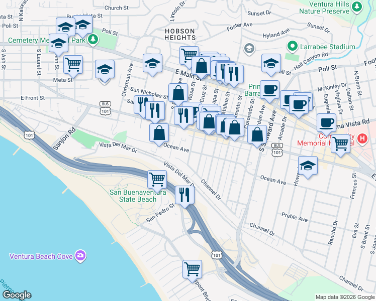 map of restaurants, bars, coffee shops, grocery stores, and more near 1903 Ocean Avenue in Ventura