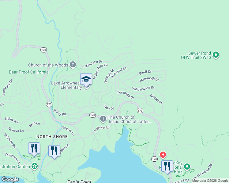 map of restaurants, bars, coffee shops, grocery stores, and more near 1310 Yosemite Drive in Lake Arrowhead