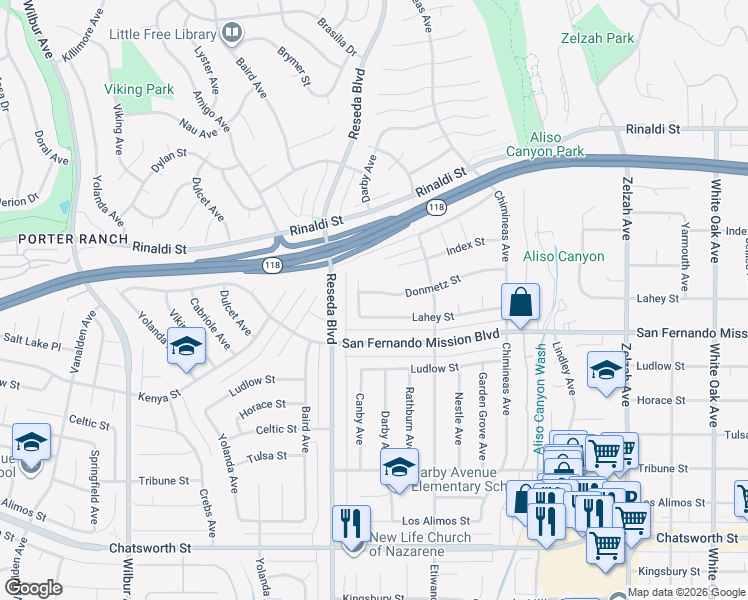 map of restaurants, bars, coffee shops, grocery stores, and more near 18370 Donmetz Street in Los Angeles