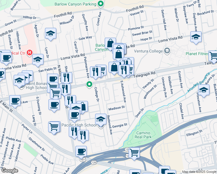 map of restaurants, bars, coffee shops, grocery stores, and more near 3980 Telegraph Road in Ventura