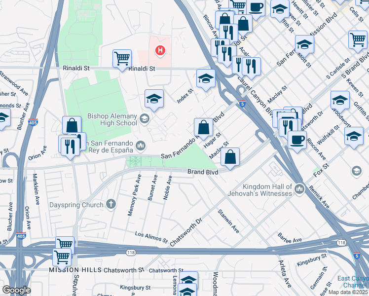 map of restaurants, bars, coffee shops, grocery stores, and more near 14933 San Fernando Mission Boulevard in Los Angeles