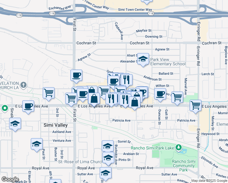 map of restaurants, bars, coffee shops, grocery stores, and more near 1407a East Los Angeles Avenue in Simi Valley
