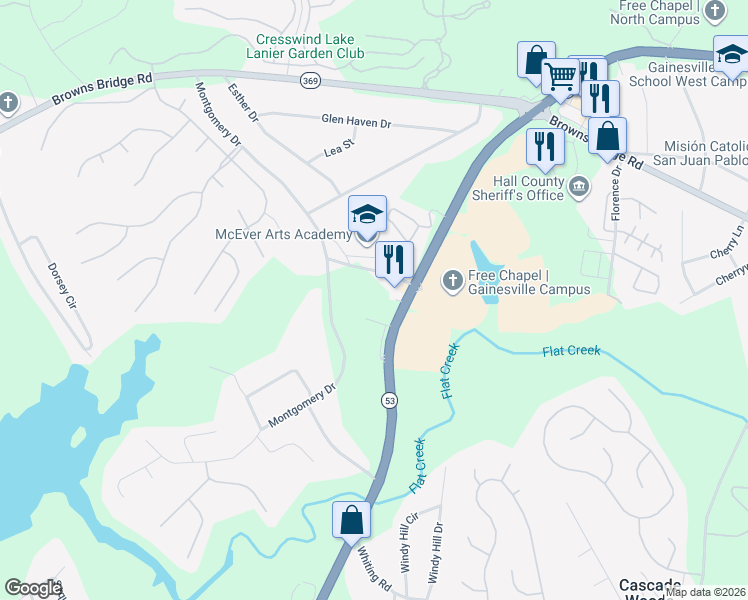map of restaurants, bars, coffee shops, grocery stores, and more near 3020 McEver Road in Gainesville