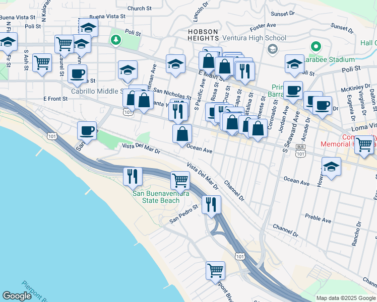 map of restaurants, bars, coffee shops, grocery stores, and more near 1808 Ocean Avenue in Ventura