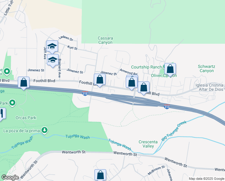 map of restaurants, bars, coffee shops, grocery stores, and more near 10404 Foothill Boulevard in Los Angeles
