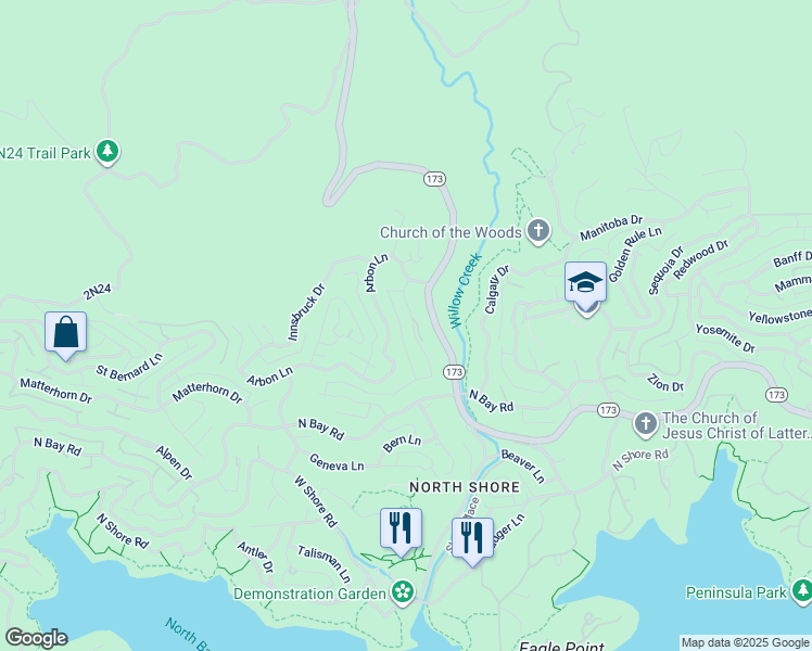 map of restaurants, bars, coffee shops, grocery stores, and more near 1292 Portillo Lane in Lake Arrowhead