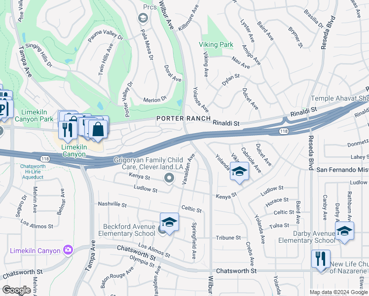 map of restaurants, bars, coffee shops, grocery stores, and more near 11217 Wilbur Avenue in Los Angeles