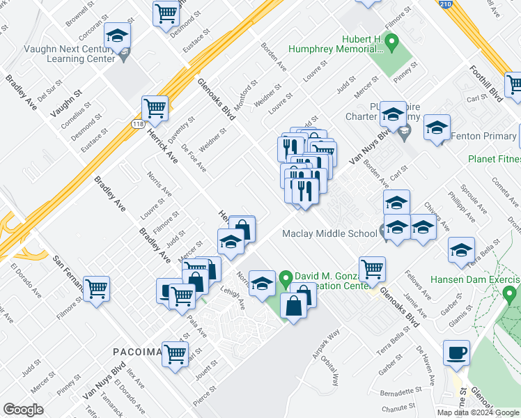 map of restaurants, bars, coffee shops, grocery stores, and more near 11185 De Garmo Avenue in Los Angeles