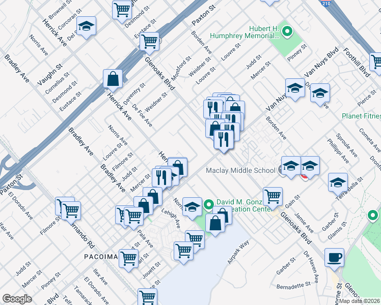 map of restaurants, bars, coffee shops, grocery stores, and more near 11185 De Garmo Avenue in Los Angeles