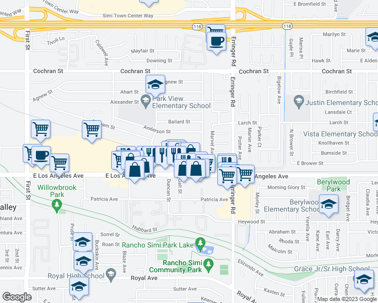 map of restaurants, bars, coffee shops, grocery stores, and more near 2121 Farwell Street in Simi Valley