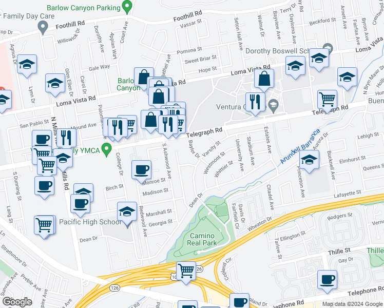 map of restaurants, bars, coffee shops, grocery stores, and more near 85 Baylor Drive in Ventura